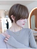 20代30代大人かわいい丸みショート斜めバング卵型ピンクブラウン