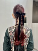 ヘアセットツインタイトリボンヘア結婚式ドレスヘア編みおろし