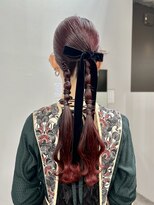 ヘアセットツインタイトリボンヘア結婚式ドレスヘア編みおろし