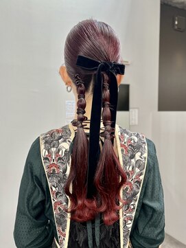 ヌープヘアーアイス(NUUP.hair ici) ヘアセットツインタイトリボンヘア結婚式ドレスヘア編みおろし