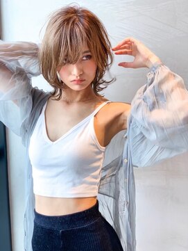 メゾンバイハバナ(maison by HAVANA) 大人かわいいフェザーバングカーキグレージュミディアムウルフ