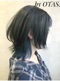 #ウルフ#インナーカラー#グレーブラック#サファイアブルー