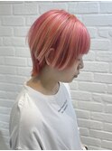 クリアピンク ホワイトメッシュ ウルフショート ツーブロック