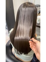 アム 表参道(am) 小顔薄めバンググレージュレイヤーロング前髪パーマ黒髪