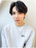 前下がりセンターパートマッシュニュアンスパーマ刈り上げ