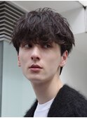 シャドウパーマメンズカット無造作パーママッシュウルフヘア黒髪