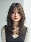 顔周りカットハッシュカットダークブラウンワンホンレイヤー韓国
