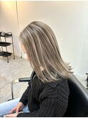 前髪ハイライトカラーこなれミディイメチェンウェーブパーマ