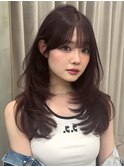 韓国ヘアピンクブラウンレイヤーカット顔周りシースルバング原宿