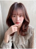ミニウルフ前髪パーマ韓国くびれミディアムチェリーブラウン