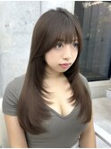 美髪ピンクブラウン韓国ハイレイヤーロングセミディ顔周り前髪