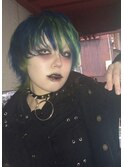 ☆水色×ライムグリーン☆ 派手髪　パンク　デザイン　ブリーチ