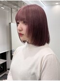 ピンクカラー赤髪ワインレッドブリーチなしダブルカラー長めボブ