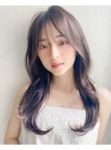 前髪こなれミディ薄めバングウェーブパーマ似合わせカット