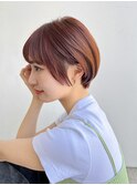 大人ショート 前髪ありオレンジチョコレートベージュ丸顔 K0506