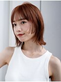 ぱっつん前髪オレンジブラウンフェイスレイヤー顎ラインボブ小顔