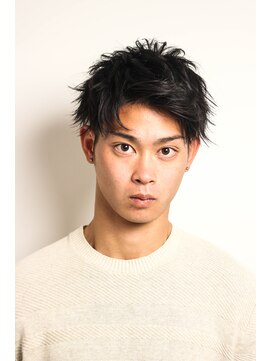 メリケンバーバーショップ フクオカ(MERICAN BARBERSHOP FUK) サイドパートショートセミウェットワイルドアップバングテクノ96