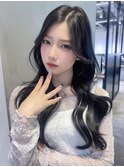 暗めカラー韓国ヘアロング顔周りレイヤー前髪カット_F80866