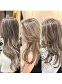 前髪ハイライトカラーこなれミディイメチェンウェーブパーマ