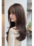 顔周りカットハッシュカットダークブラウンワンホンレイヤー韓国