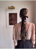 お呼ばれヘアセットフィッシュボーン結婚式二次会リボンアレンジ
