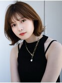 ぱっつん前髪薄めバング鎖骨ミディアムボブ耳かけボブパーマ小顔