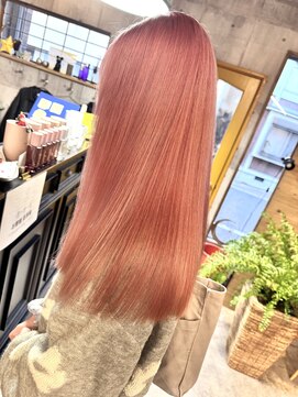 ダブルカラー ブリーチリタッチ ピンク ロング 髪質改善10代20代