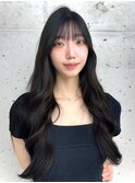 美髪カールブルーブラック韓国ヘアロングセミディ似合わせ前髪