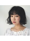 黒髪ピュアボブ　毛先パーマ　無造作小顔ミディ　横浜