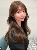大人美人艶カラーベージュ小顔カット透明感レイヤーロング韓国