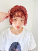 赤毛ボブ　くせ毛　コーラルピンクカラー　フェイスレイヤー