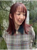 暖色カラーダブルカラー赤ボルドーカラーミディアムボブ赤