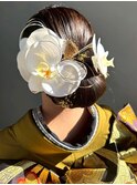 アップスタイル 着物ヘアセット 成人式 胡蝶蘭 タイトお団子