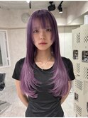 ブリーチ&ダブルカラー/ロングレイヤーカットパープルラベンダー