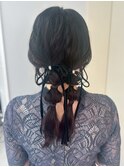 編みおろしツイン　ヘアセット　リボン　結婚式　20代30代