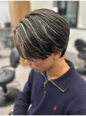 ハイライトツイストパーマアップバング短髪メッシュ