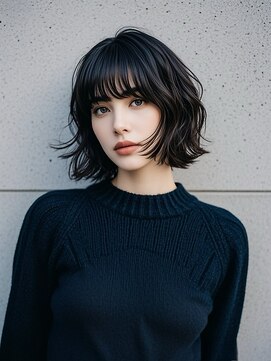 ハイライトクラゲヘアミニボブ成人式パーマミディアム裾カラー