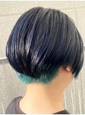 ショート、ケアブリーチ、ブルー、インナーカラー