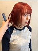 透明感オレンジ/ミディアムボブ/艶髪/ケアブリーチ