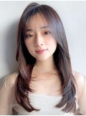 薄めバングくせ毛風カールチェリーブラウン20代30代40代◎