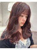 ワインレッドカラー/ピンクカラー/前髪カット/韓国カット
