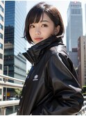 ミディアムボブ毛先ワンカールネイビーグレーシースルーバング