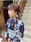 浴衣着付け　ゆるふわ編み下ろしヘア　兵児帯アレンジ　着物