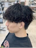 ゆるめ大分波巻きスパイラルパーマメンズカットマッシュウルフ