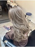 前髪ハイライトカラーこなれミディイメチェンウェーブパーマ