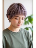 ショートボブ/前髪ぱっつん/ダークラベンダーグレージュ