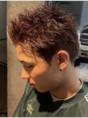 スパイキーショート　メンズ　パーマ　ハイライト　眉カット