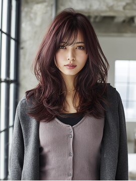 ノラ シブヤ(NORA) r14ハッシュカットミディアムレイヤーワインレッドロングウルフ