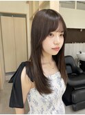 小顔薄めバンググレージュレイヤーロング前髪パーマ黒髪