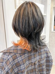 福山市美容室Caaryマッシュウルフヘアインナーオレンジカラー
